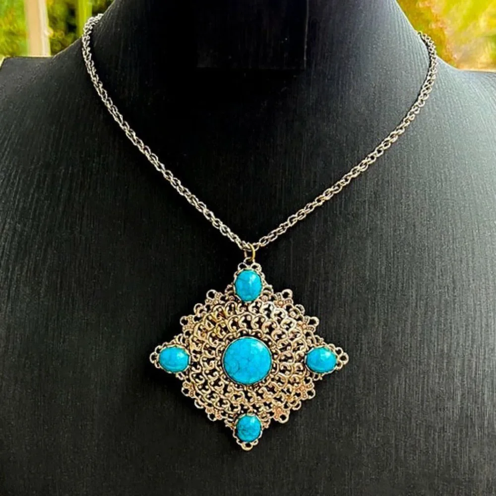 Vintage Victorian Revival Faux Turquoise Pendant Necklace